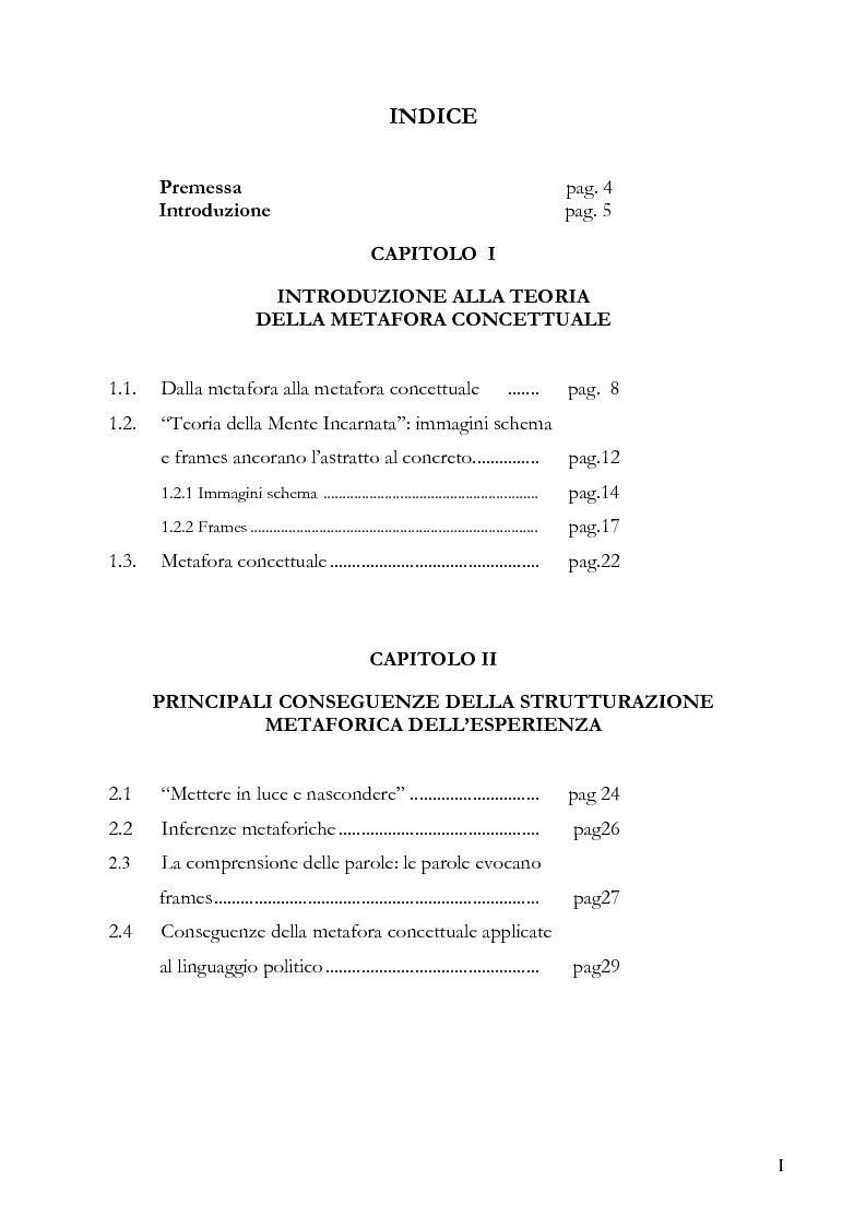 Indice della tesi: Metafore e frames nella comunicazione politica. Il caso del linguaggio di Beppe Grillo, Pagina 1