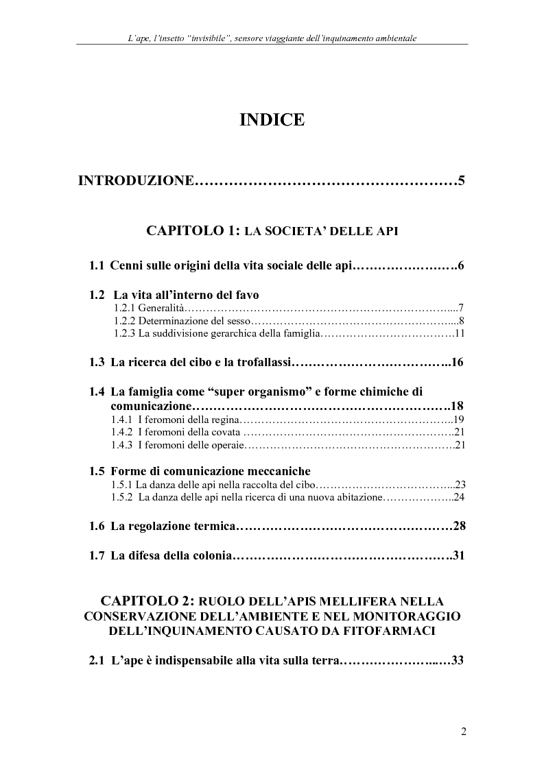 Indice della tesi: L'ape, l'insetto invisibile, sensore viaggiante dell'inquinamento ambientale, Pagina 1
