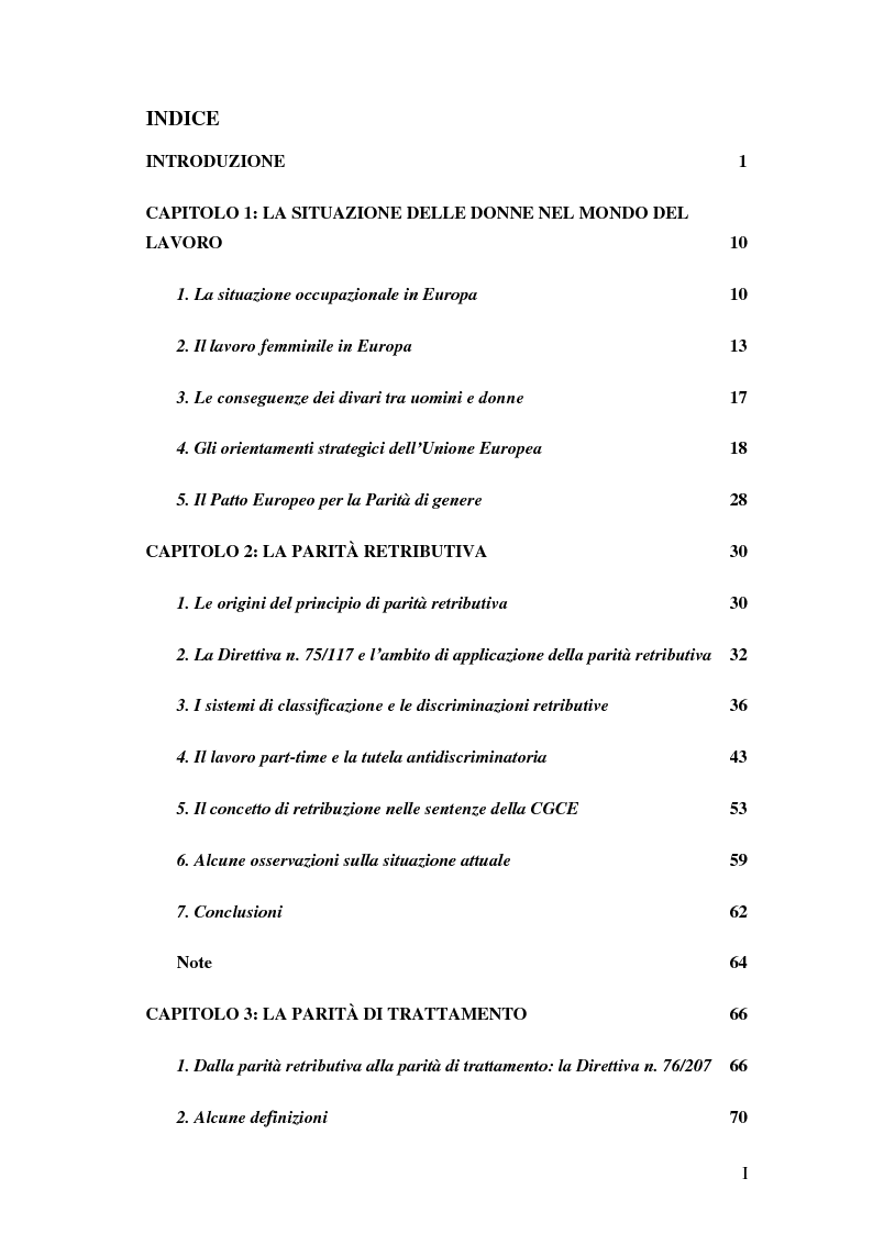 Indice della tesi: Le discriminazioni di sesso nel diritto comunitario, Pagina 1