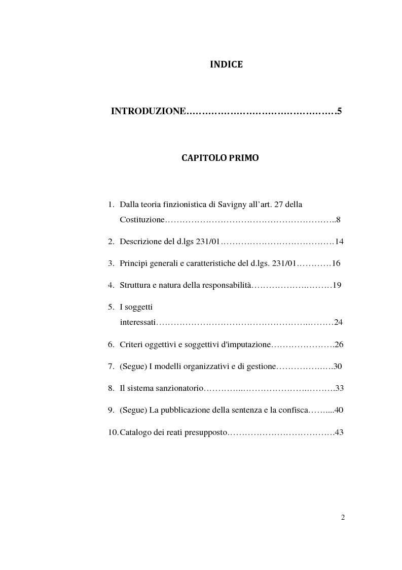 Indice della tesi: ''Societas delinquere potest'': sette anni di applicazione giurisprudenziale, Pagina 1