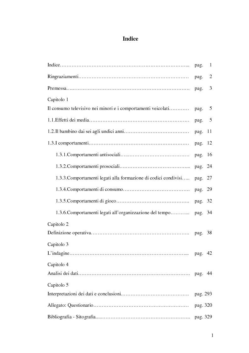 Indice della tesi: Consumo televisivo e comportamento nei minori secondo le figure genitoriali. Una ricerca empirica, Pagina 1