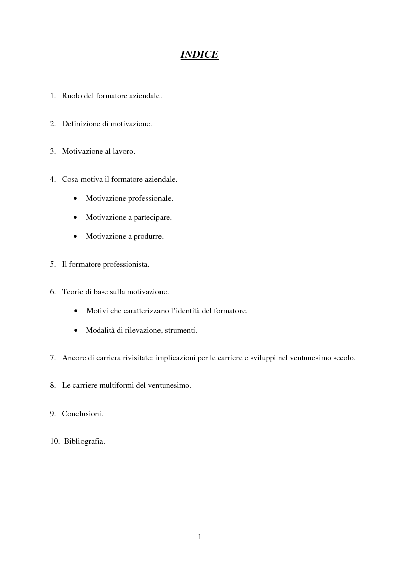 Indice della tesi: Strutture e sistemi motivazionali dei formatori aziendali, Pagina 1