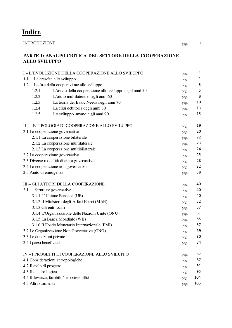 Indice della tesi: Classificazione e analisi economico-gestionale di progetti di cooperazione allo sviluppo. Studio di un caso in Tanzania., Pagina 1