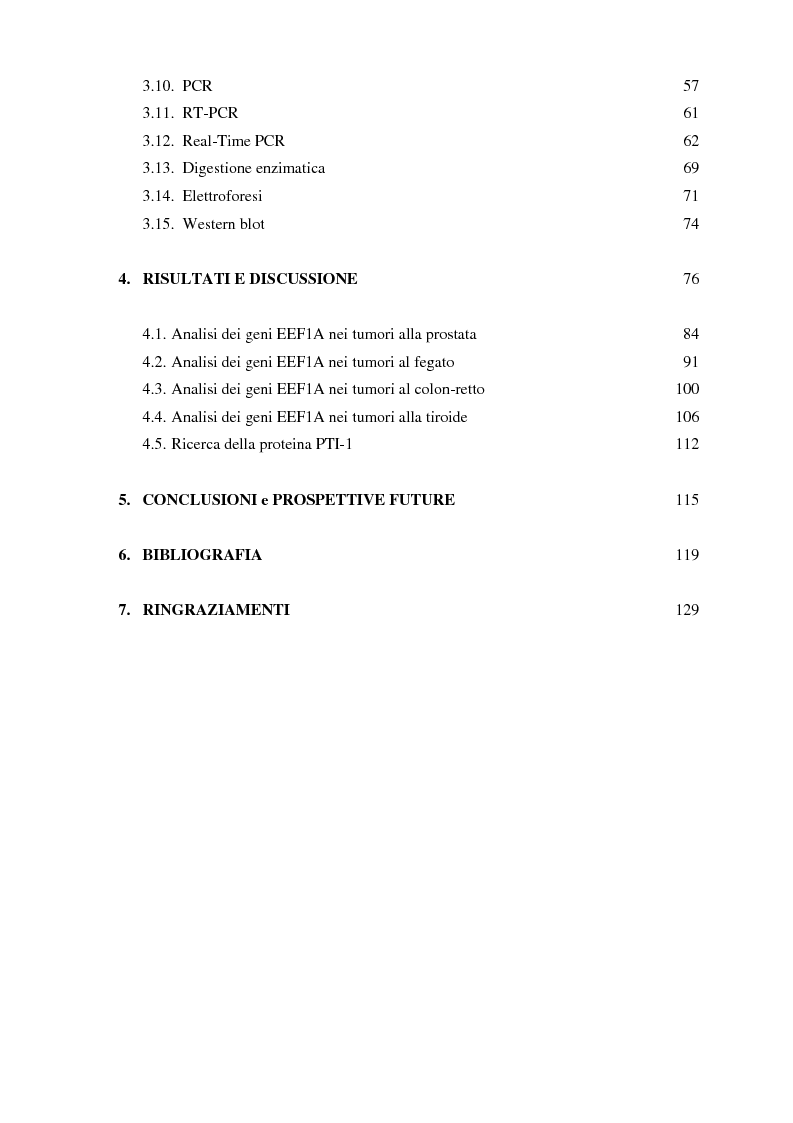 Indice della tesi: Studio dell'espressione di EEF1A e delle sue isoforme in linee cellulari tumorali umane, Pagina 2