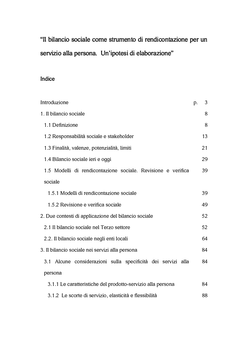 Indice della tesi: Il bilancio sociale come strumento di rendicontazione per un servizio alla persona. Un’ipotesi di elaborazione, Pagina 1
