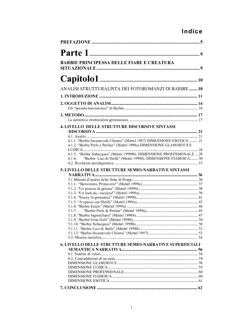 Indice della tesi: La Barbie narrabile. Storie e interpretazioni tra emittente e destinatario., Pagina 1