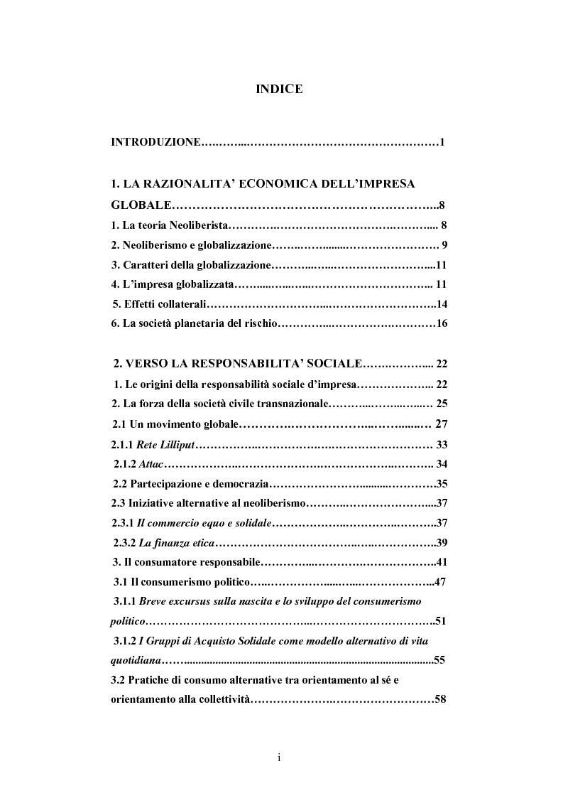 Indice della tesi: Dalla responsabilità sociale di impresa alla responsabilità sociale di territorio: il caso Impronta Etica, Pagina 1