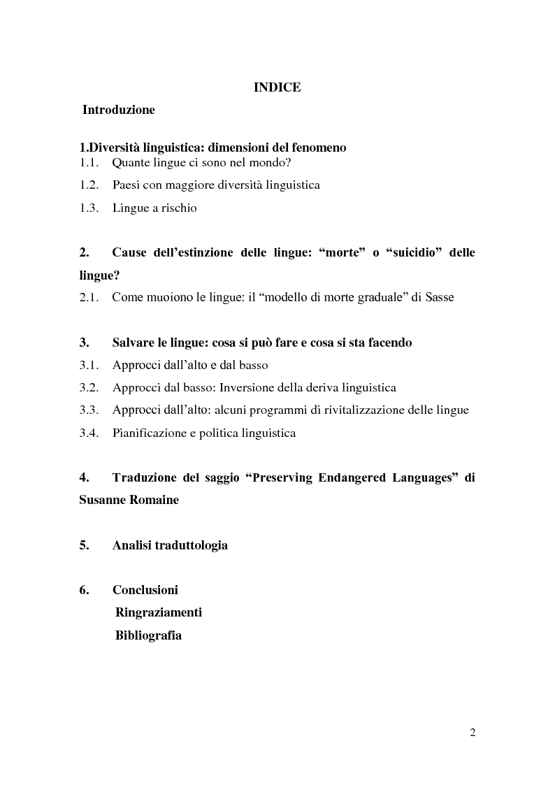 Indice della tesi: Aspetti e problemi relativi al mantenimento della lingua, Pagina 1