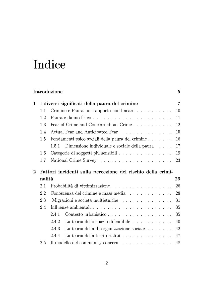 Indice della tesi: La paura del crimine: recenti sviluppi della ricerca criminologica, Pagina 1