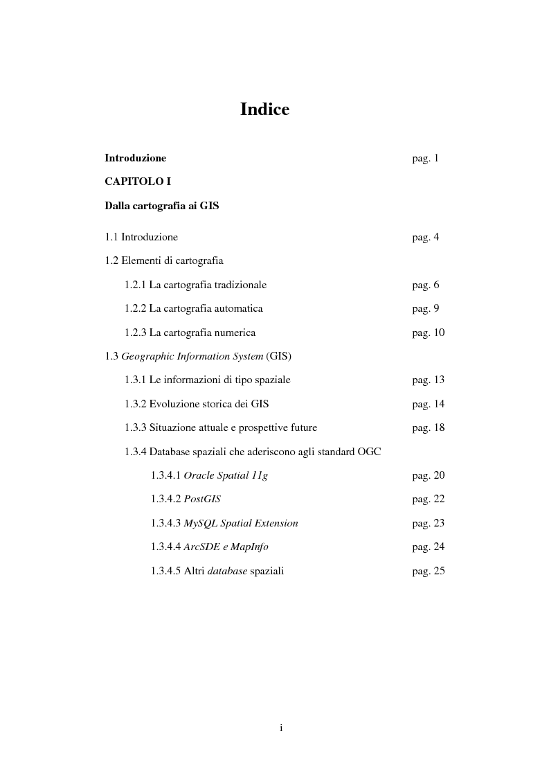 Indice della tesi: Le basi di dati geografiche in Spatial Oracle: funzioni di map-algebra, Pagina 1