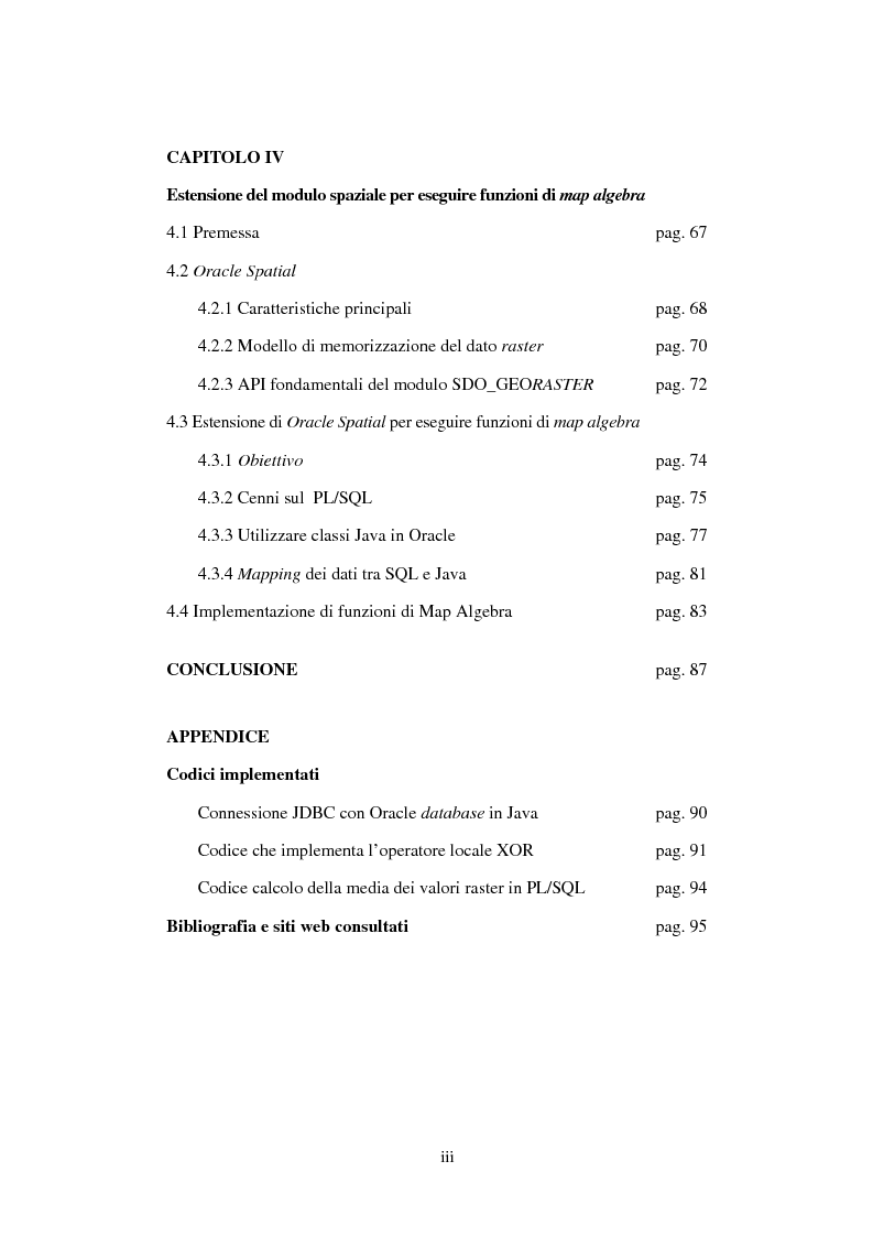 Indice della tesi: Le basi di dati geografiche in Spatial Oracle: funzioni di map-algebra, Pagina 3