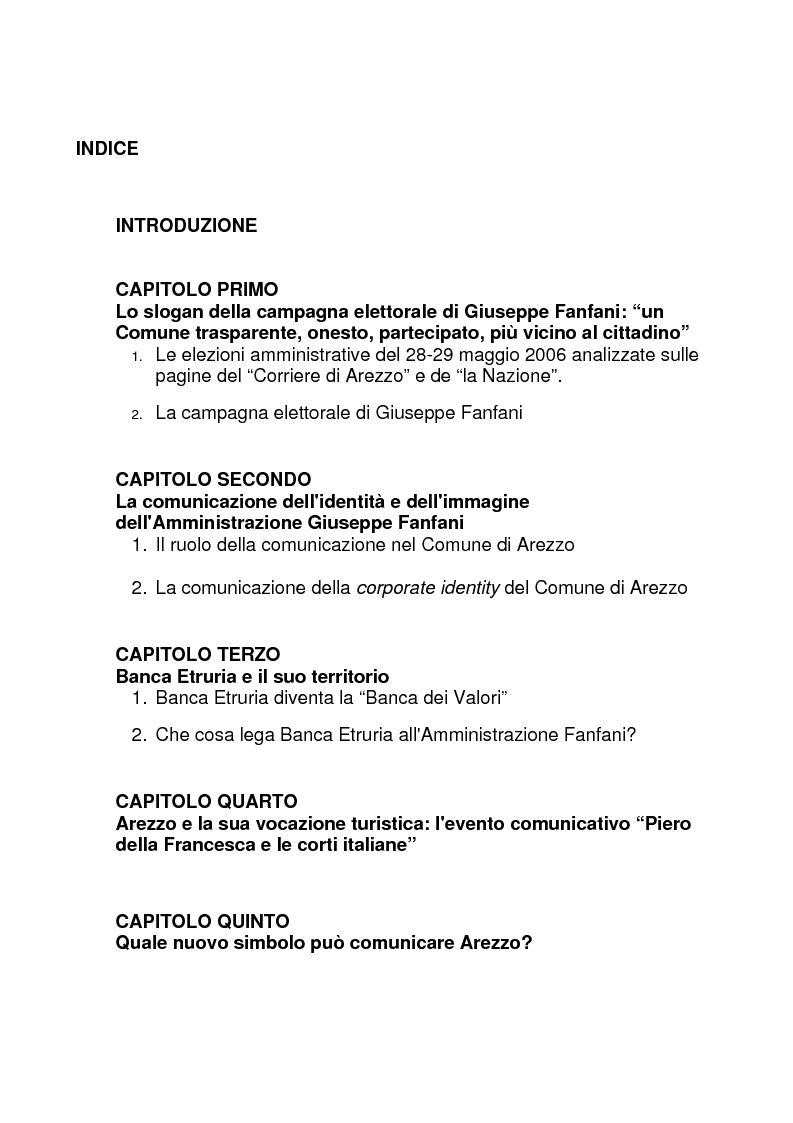 Indice della tesi: Comunicare la città. Quale brand per Arezzo?, Pagina 1