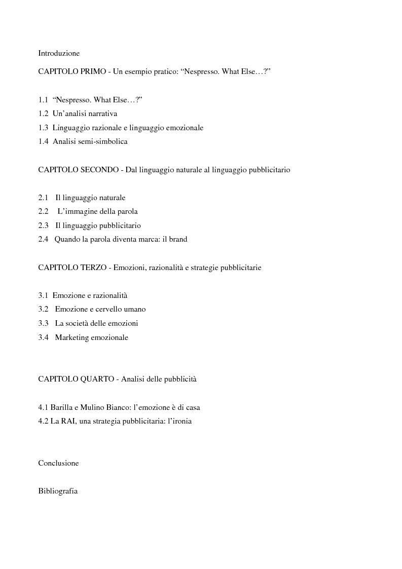 Indice della tesi: Emozione e metafora nel messaggio pubblicitario, Pagina 1