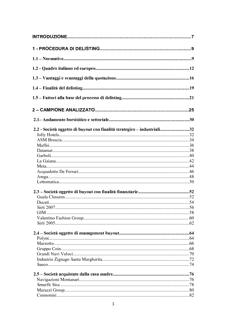 Indice della tesi: I delisting nel mercato italiano nel quinquiennio 2004-08: analisi empirica delle cause e scenari futuri, Pagina 1