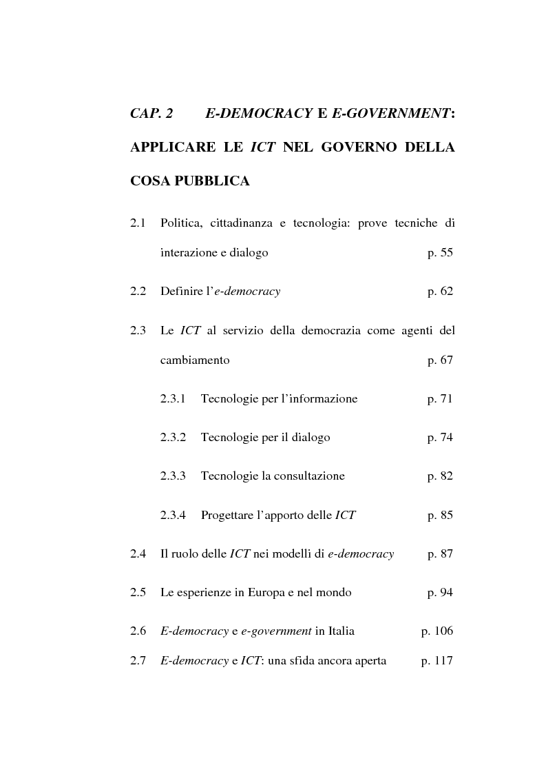 Indice della tesi: Le ICT al servizio dei progetti di democrazia elettronica, Pagina 2