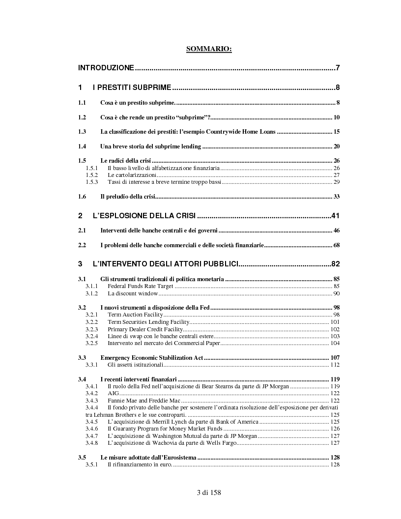Indice della tesi: La crisi dei mutui subprime: origine, evoluzione ed interventi di contrasto, Pagina 1