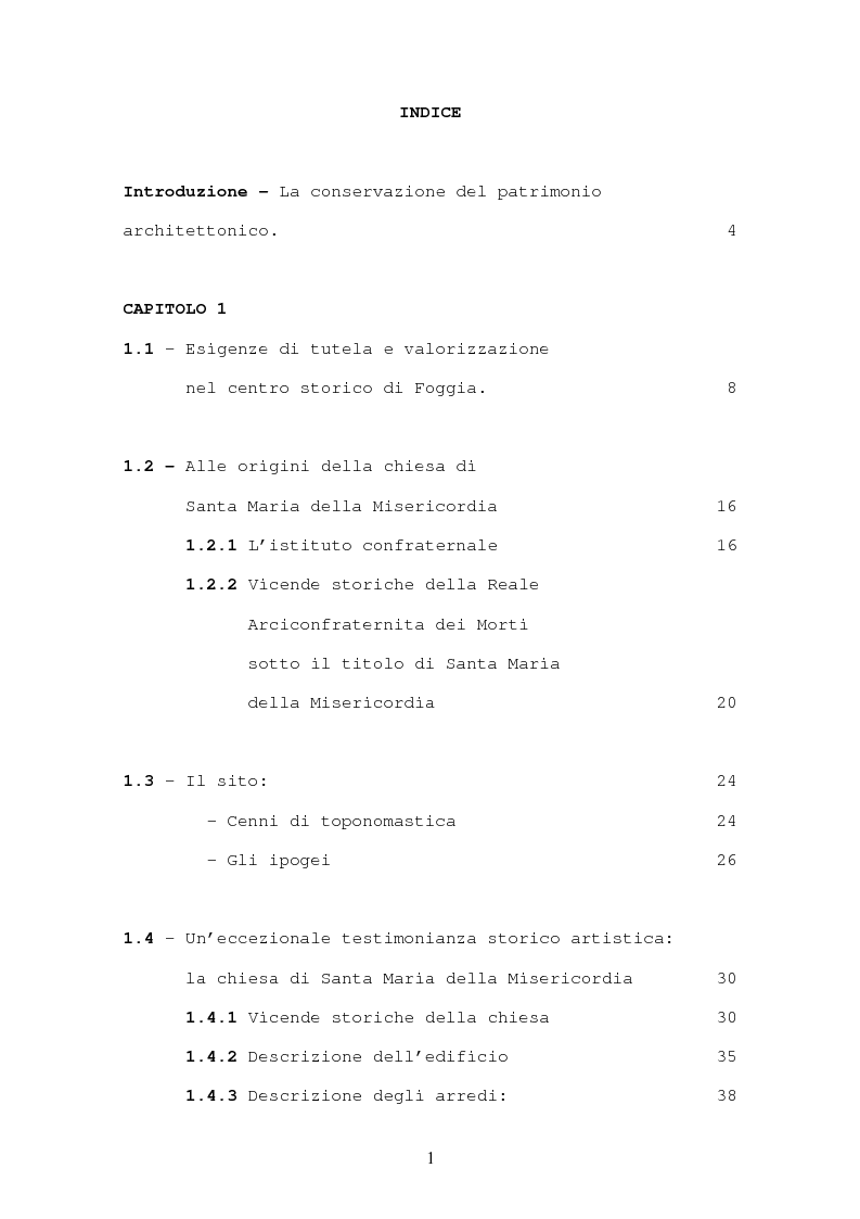 Indice della tesi: Il recupero necessario e il riuso possibile: restauro della chiesa di Santa Maria della Misericordia, Pagina 1
