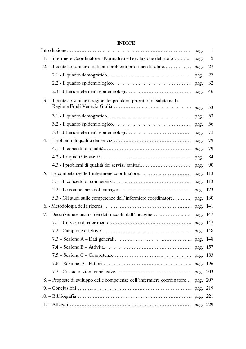 Indice della tesi: Le competenze dell'infermiere coordinatore connesse ai problemi di qualità dei servizi sanitari, Pagina 1