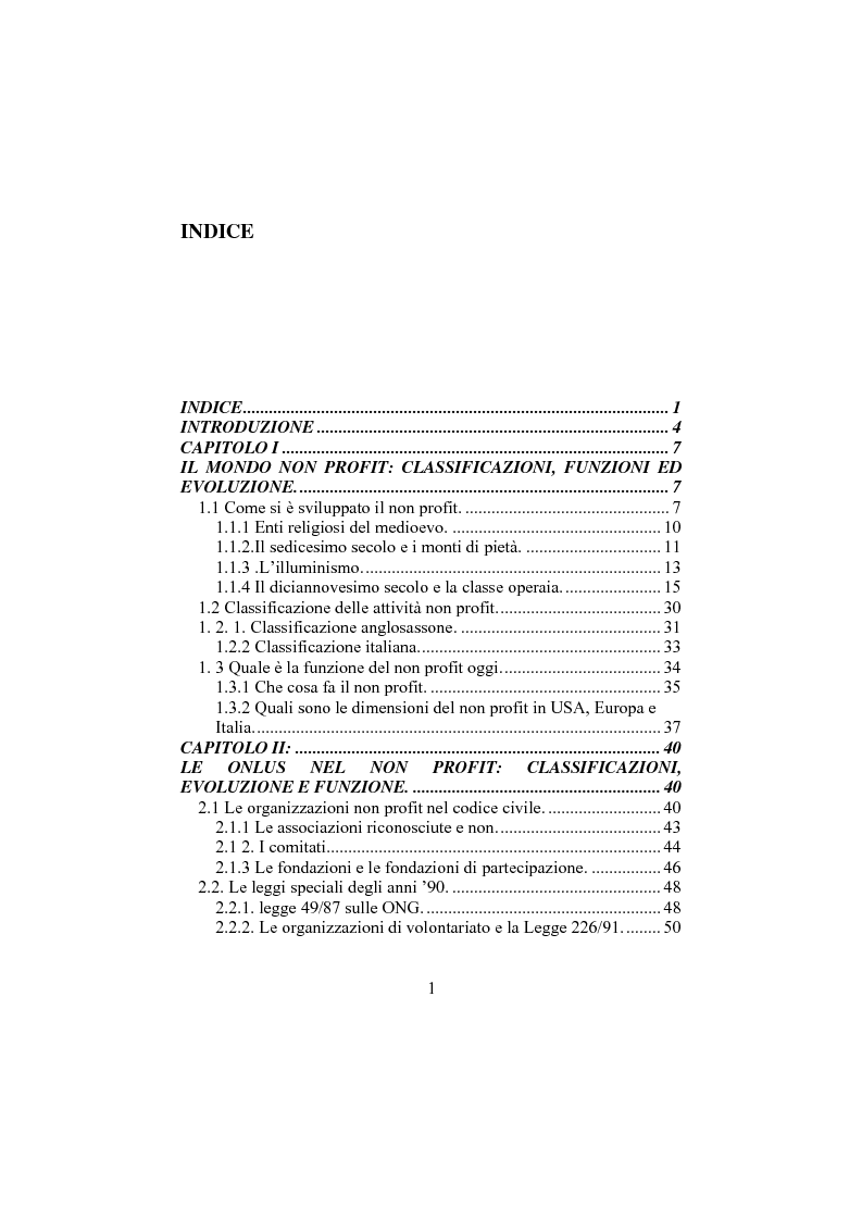 Indice della tesi: Comunicazione sociale e funzione delle onlus, Pagina 1