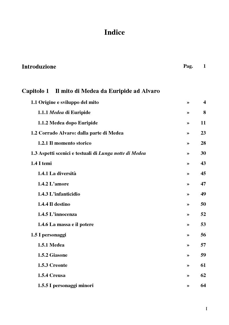 Indice della tesi: Ricerche su ''La lunga notte di Medea'' di Corrado Alvaro, Pagina 1