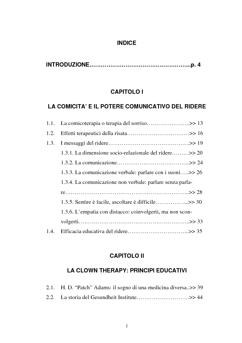 Indice della tesi: La comunicazione nella clownterapia: aspetti pedagogici e interventi educativi, Pagina 1