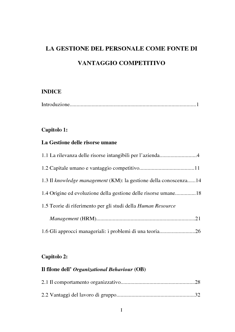 Indice della tesi: La gestione del personale come fonte di vantaggio competitivo, Pagina 1