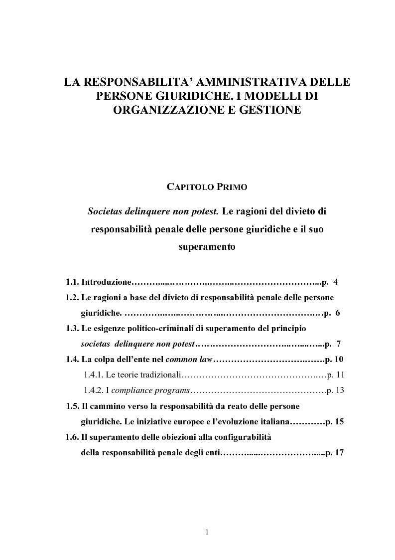 Indice della tesi: La responsabilità amministrativa delle persone giuridiche. I modelli di organizzazione e gestione., Pagina 1
