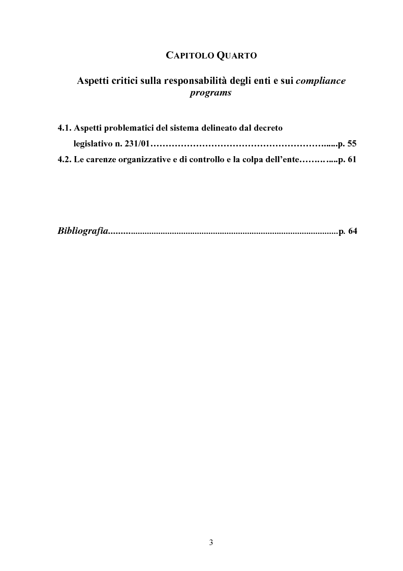 Indice della tesi: La responsabilità amministrativa delle persone giuridiche. I modelli di organizzazione e gestione., Pagina 3