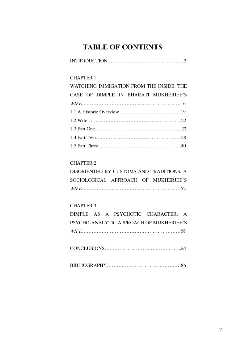 Indice della tesi: Migration To Nowhere. The Limbo of Bharati Mukherjee's Wife., Pagina 1