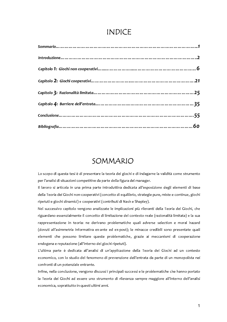 Indice della tesi: Teoria dei giochi e comportamento manageriale, Pagina 1