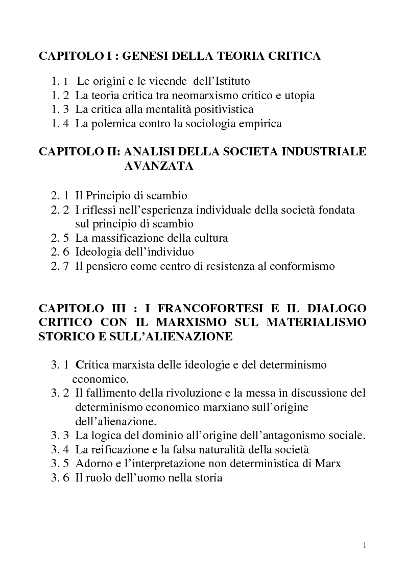 Indice della tesi: La teoria critica della società in Horkheimer e Adorno: logica del dominio e vie della liberazione, Pagina 1