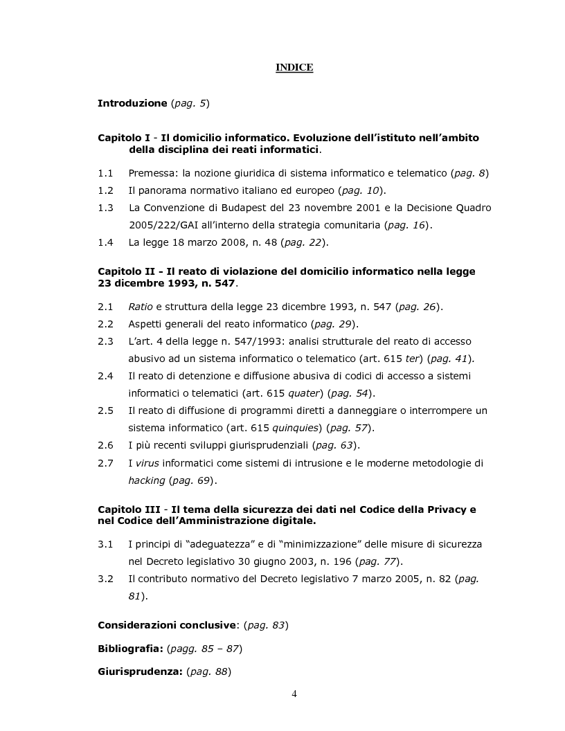 Indice della tesi: La tutela penale del domicilio informatico, Pagina 1