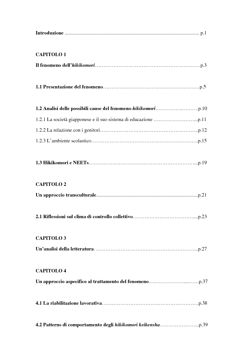 Indice della tesi: Il fenomeno dell'Hikikomori: uno studio esplorativo, Pagina 1