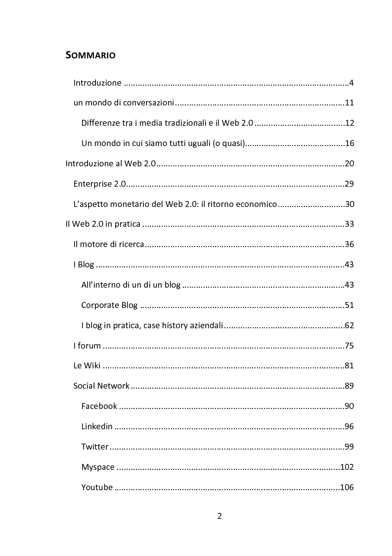 Indice della tesi: Il Web 2.0: social media e corporate blog al servizio delle aziende, Pagina 1