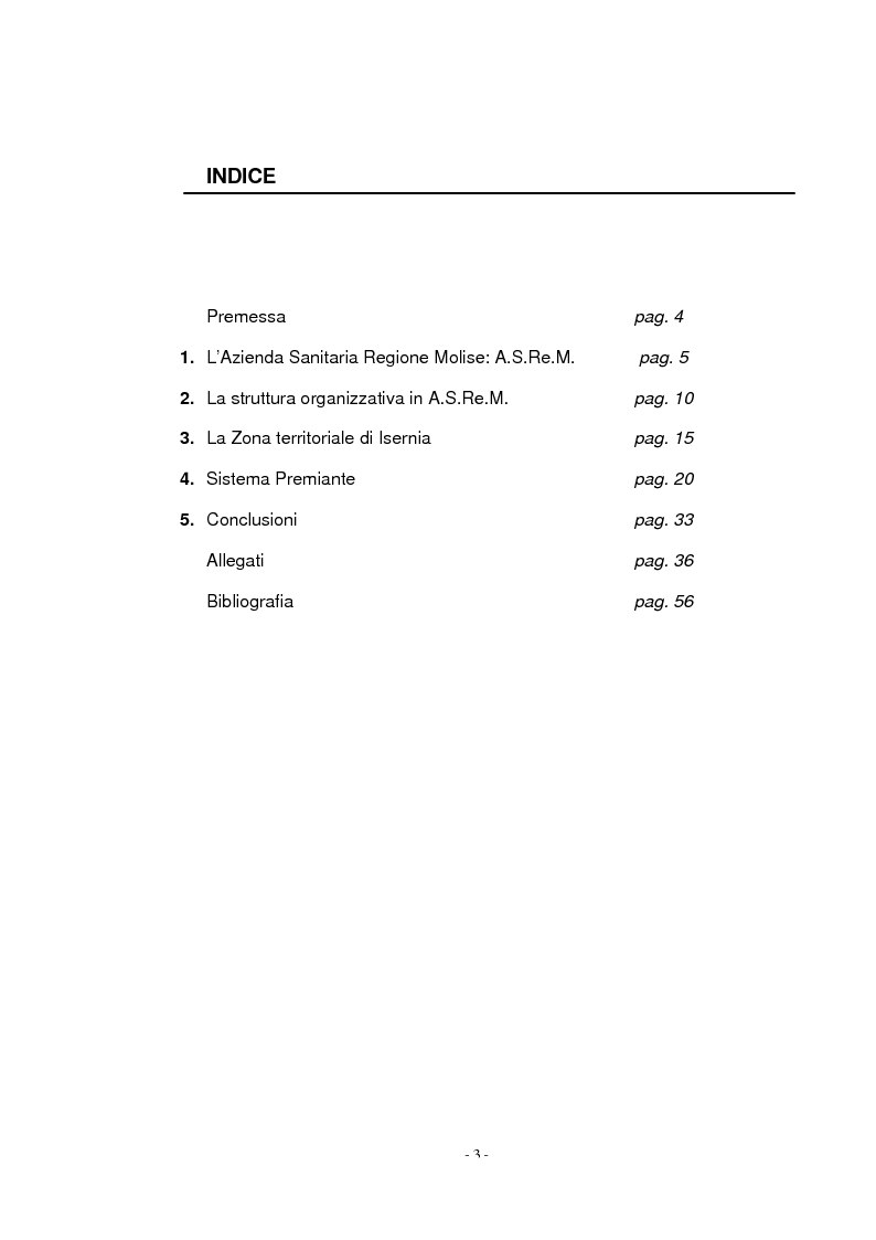 Indice della tesi: Analisi e valutazione del sistema premiante nelle aziende sanitarie: il caso A.S.Re.M. (Azienda Sanitaria Regione Molise), Pagina 1