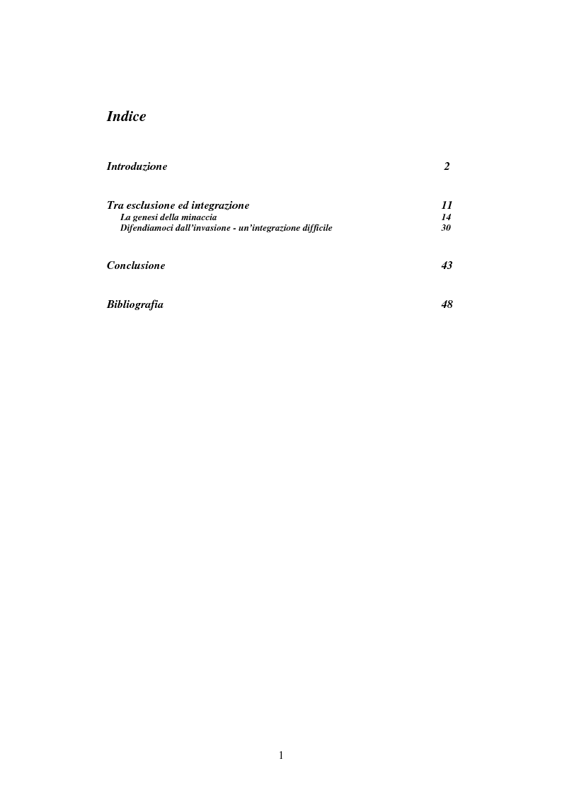 Indice della tesi: Immigrati. Tra esclusione e integrazione, Pagina 1