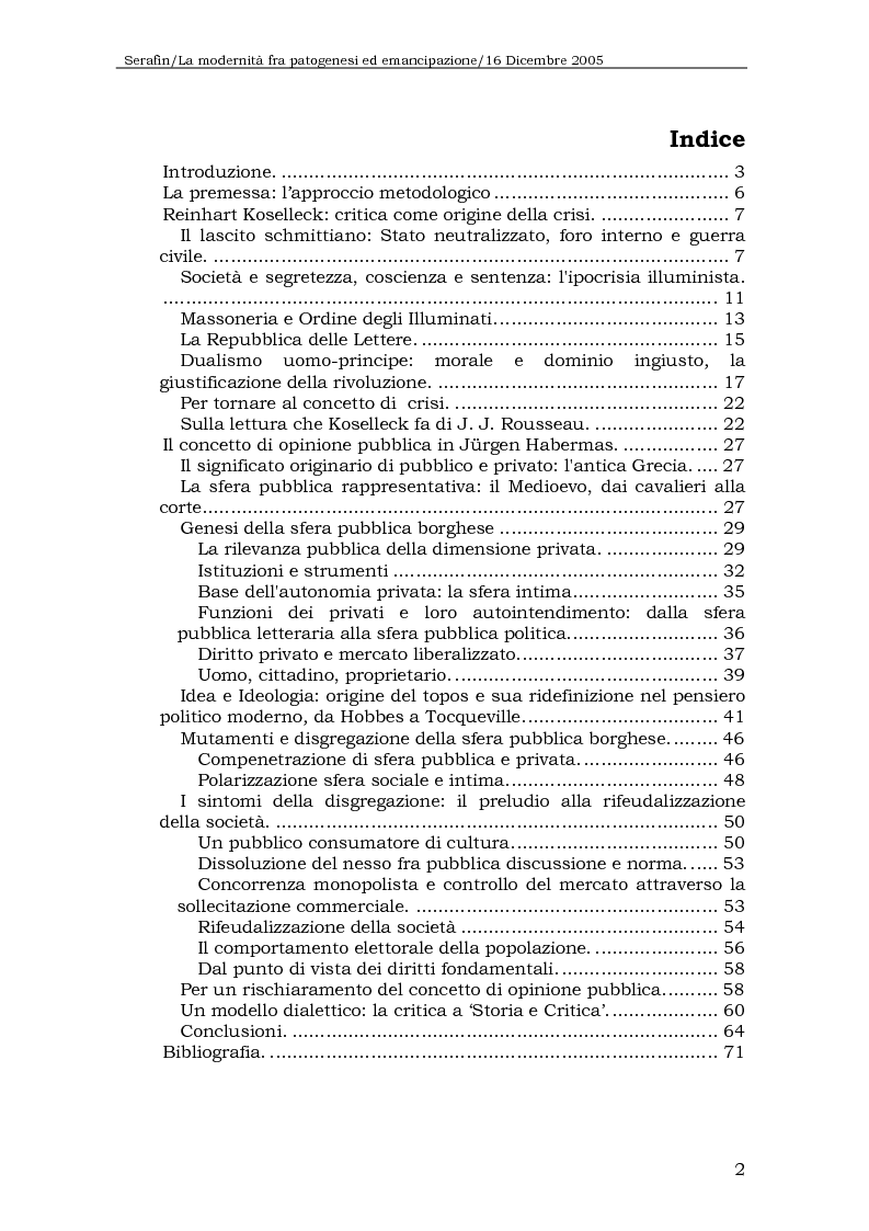 Indice della tesi: La modernità fra patogenesi ed emancipazione: il concetto di opinione pubblica in Koselleck ed in Habermas, Pagina 1