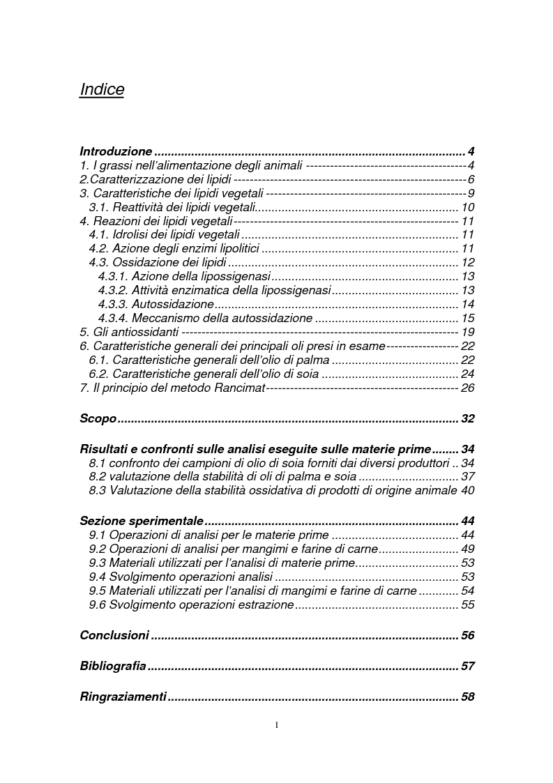 Indice della tesi: Analisi e valutazione della stabilità di oli e grassi con metodo rancimat, Pagina 1