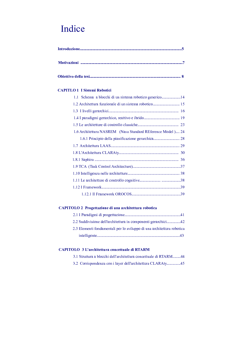 Indice della tesi: RTARM: una architettura in tempo reale, scalabile e ad alta affidabilità per la robotica e la meccatronica, Pagina 1