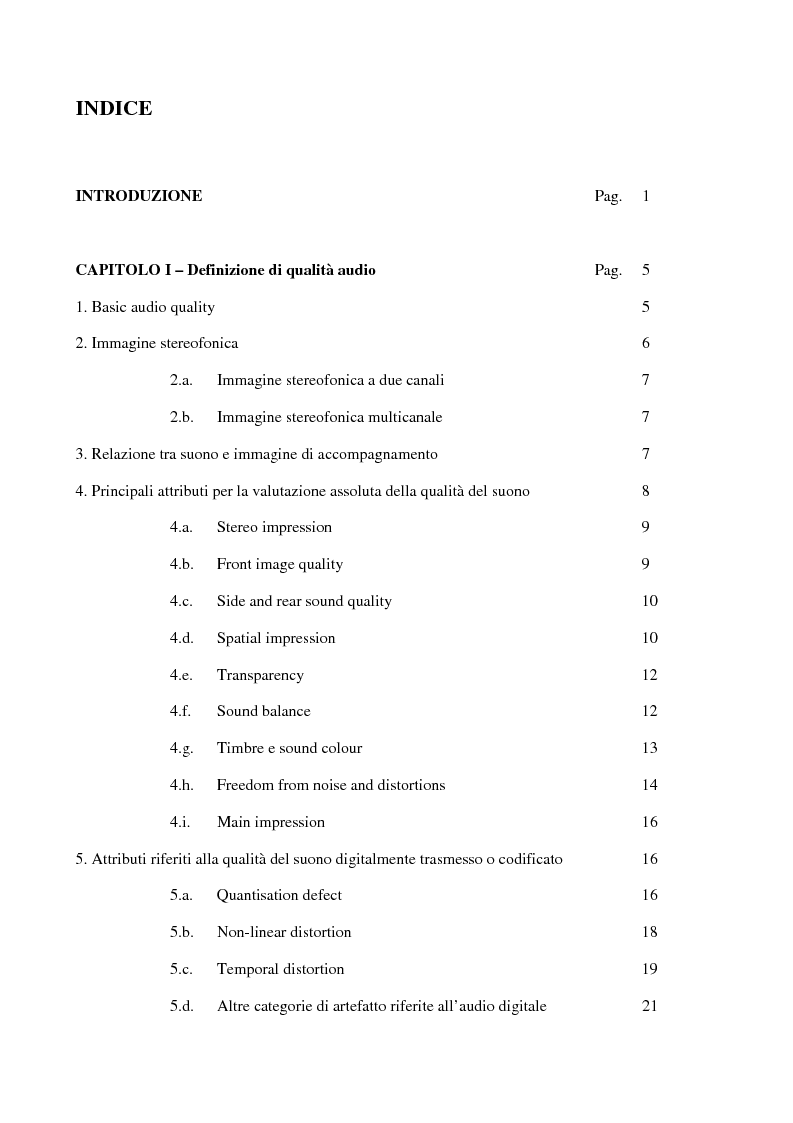 Indice della tesi: Studio della percezione musicale in rapporto al supporto fonografico utilizzato, Pagina 1