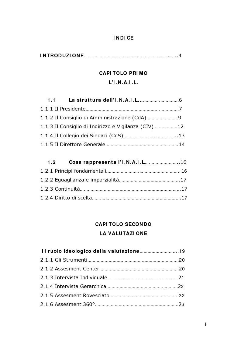 Indice della tesi: Il sistema di valutazione I.N.A.I.L., Pagina 1