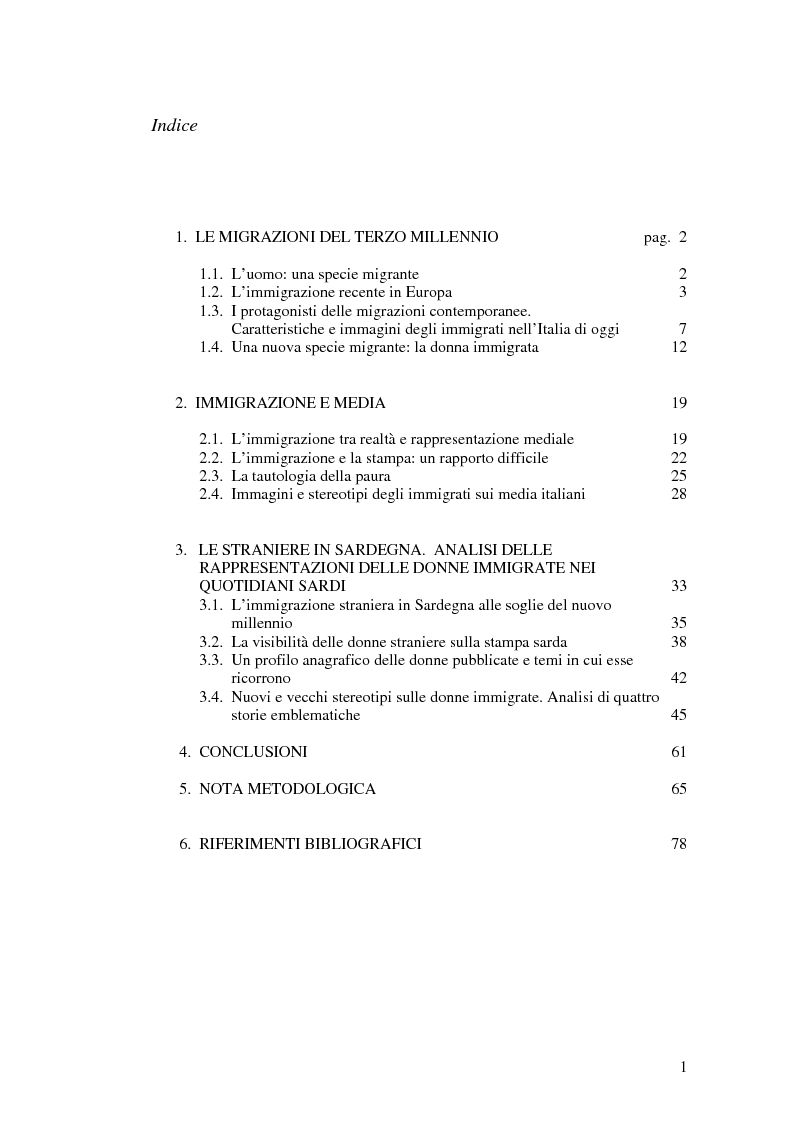 Indice della tesi: Le immigrate viste dai sardi. Immagini e stereotipi delle donne straniere nei quotidiani della Sardegna, Pagina 1