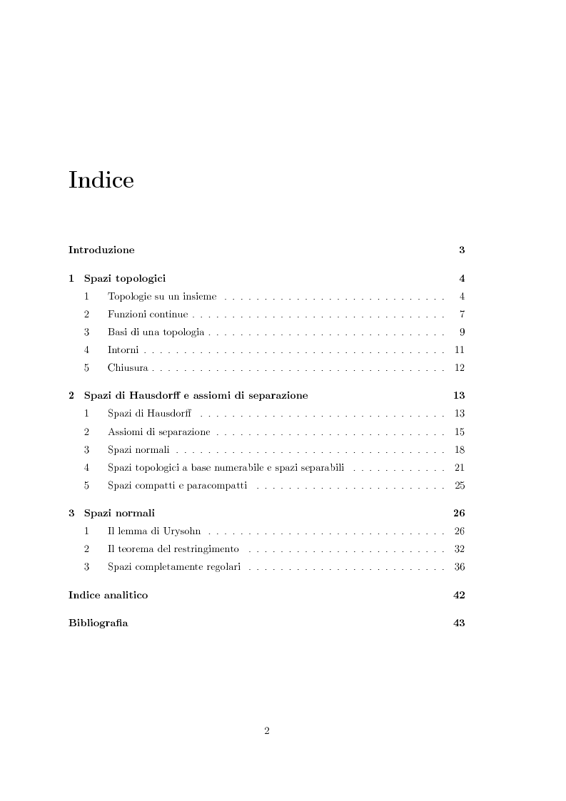 Indice della tesi: Spazi normali e lemma di Urysohn, Pagina 1