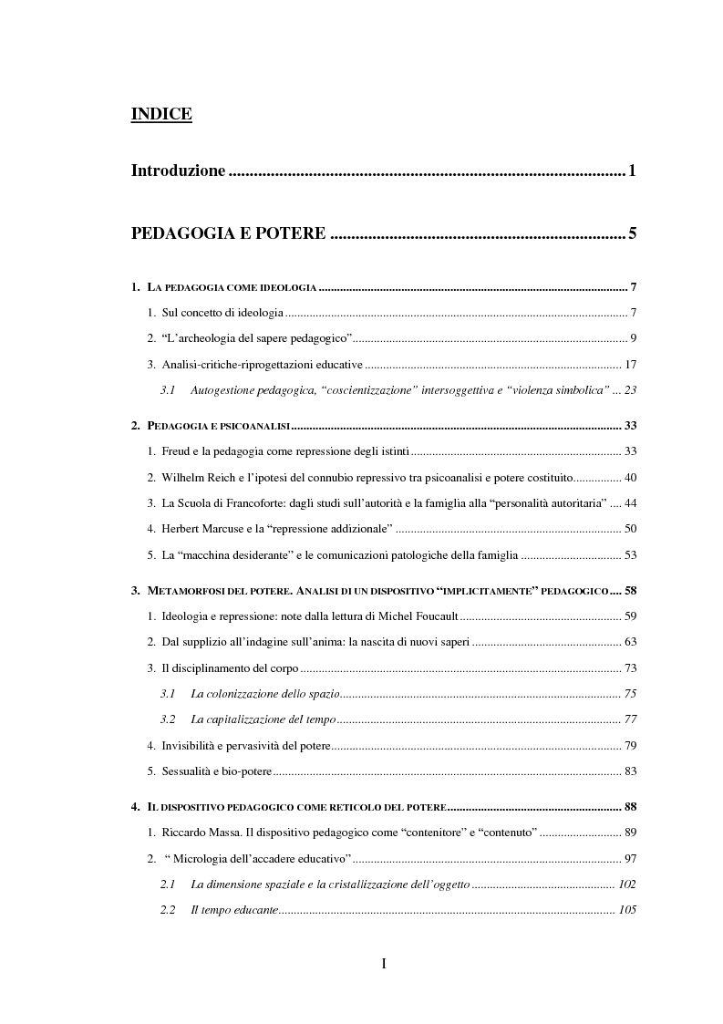 Indice della tesi: Persistenze e residui della ''pedagogia nera'' nelle pratiche educative e nei modelli pedagogici contemporanei, Pagina 1