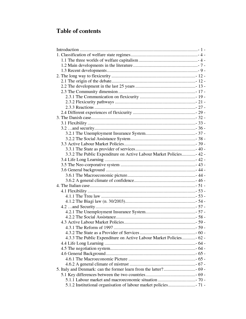 Indice della tesi: Is Flexicurity Exportable? The Case of Denmark and Italy, Pagina 1