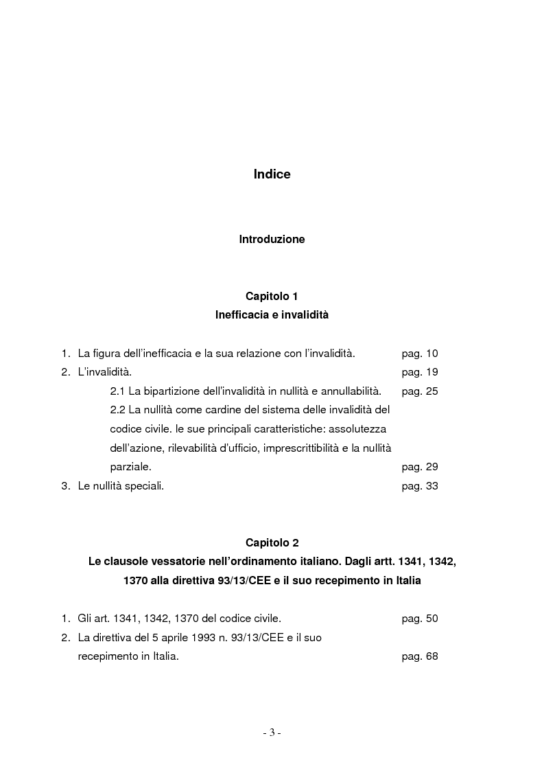 Indice della tesi: La nullità di protezione e le clausole abusive nei contratti dei consumatori, Pagina 1