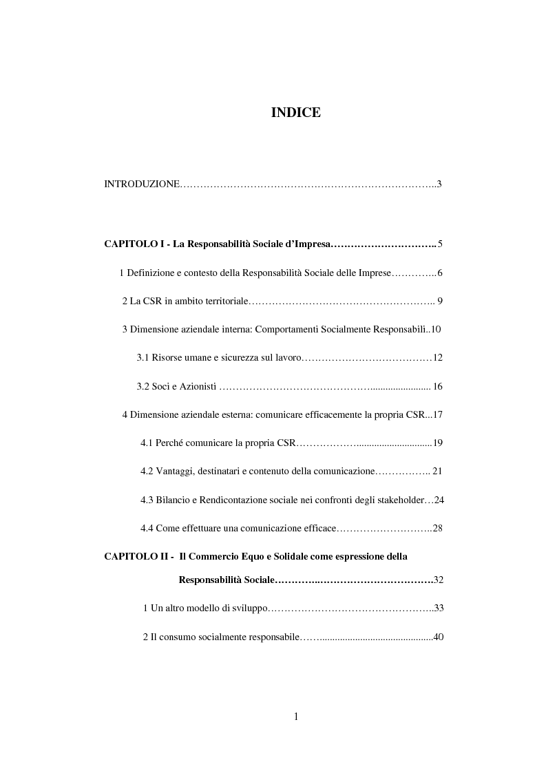 Indice della tesi: Il commercio equo e solidale come espressione di responsabilità sociale d'impresa - Il caso della bottega ''E Pappeci'', Pagina 1