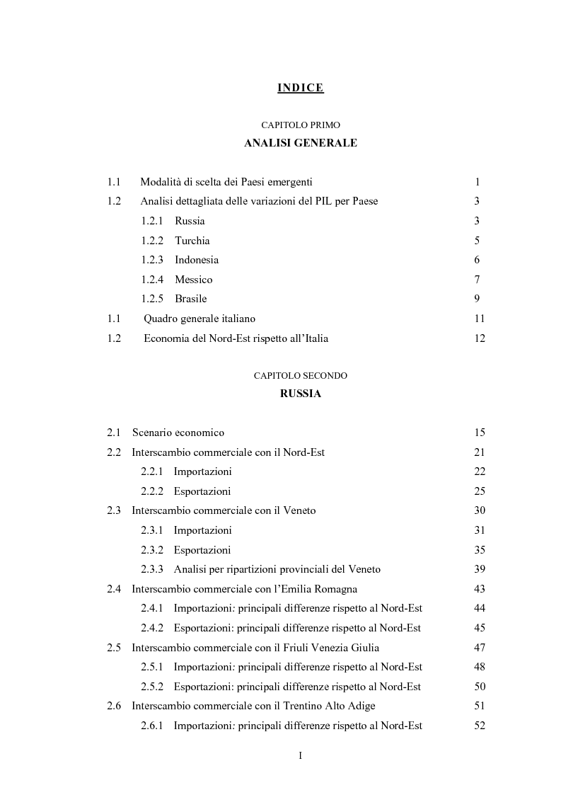 Indice della tesi: L’interscambio tra Nord-Est e alcuni paesi emergenti: Russia, Turchia, Brasile, Messico, Indonesia, Pagina 1