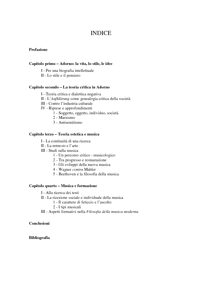 Indice della tesi: Come forma la musica: itinerari nel pensiero di Th. W. Adorno, Pagina 1