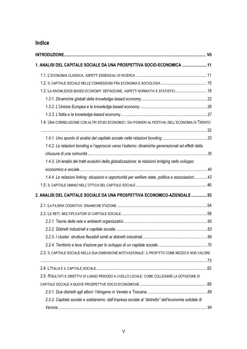 Indice della tesi: Analisi concettuale sul tema del capitale sociale tra studi economici e aziendali, Pagina 1